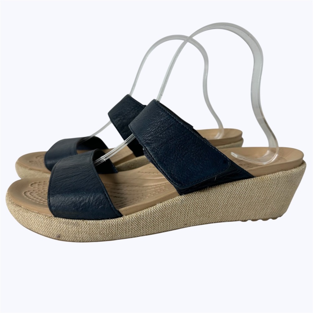 Crocs A Leigh Two Strap Wedge Sandal Navy Blue Leather Comfort Adjustable Sz 10